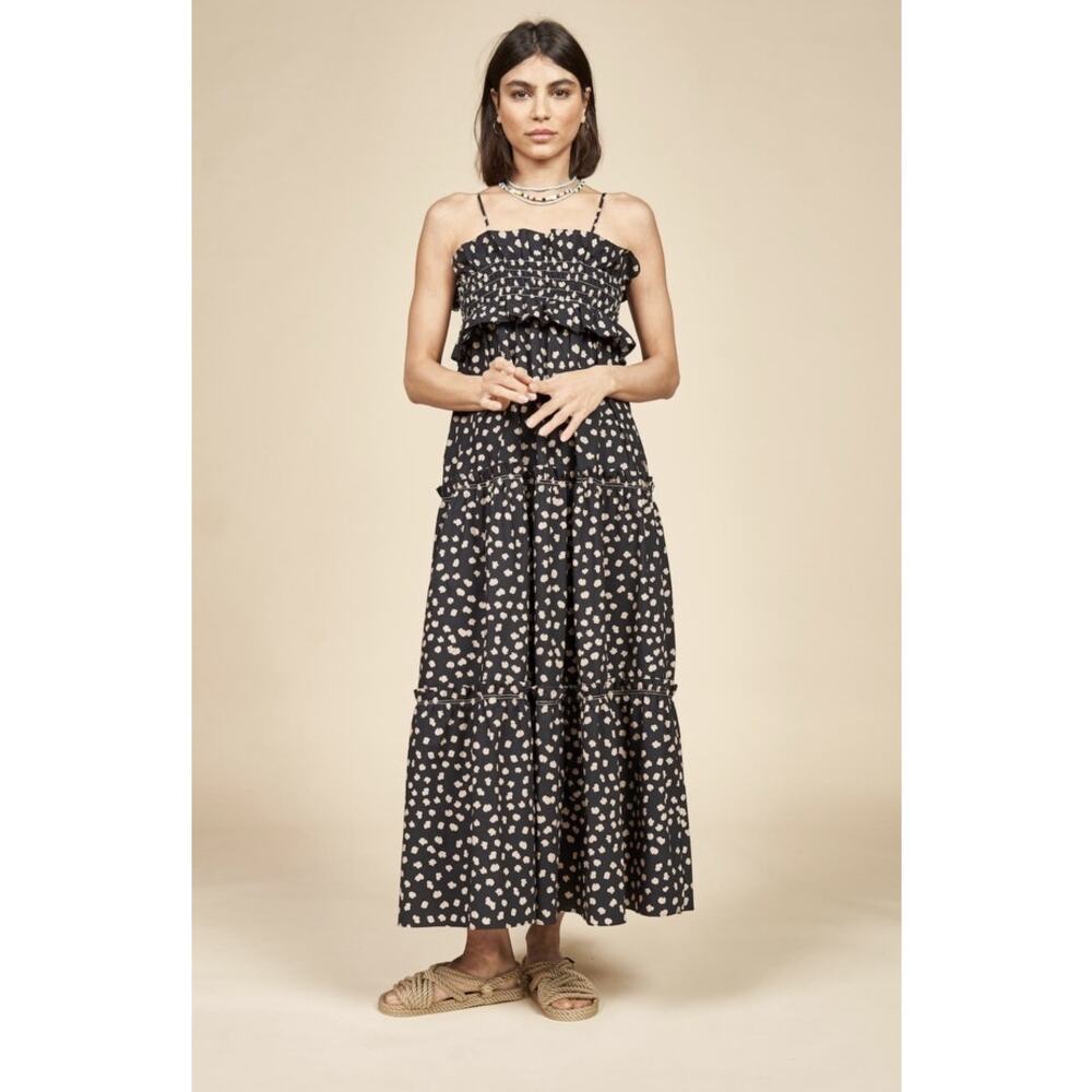 HUNTER BELL Black Midi Dress with Cream Polka Dots